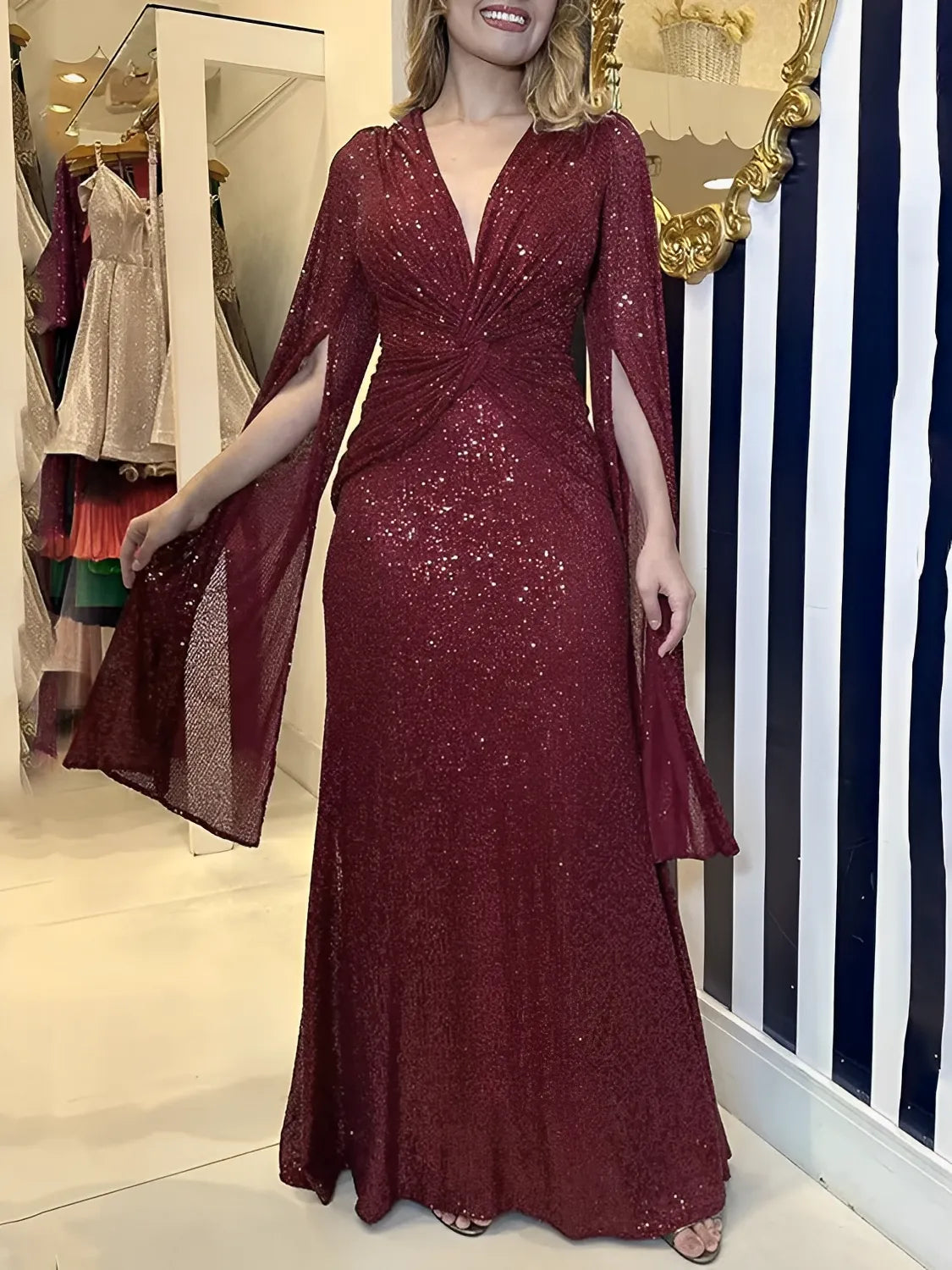 Vestido Feminino Longo de Festa Paêtes Decote em V e Nó na Cintura - Dafne