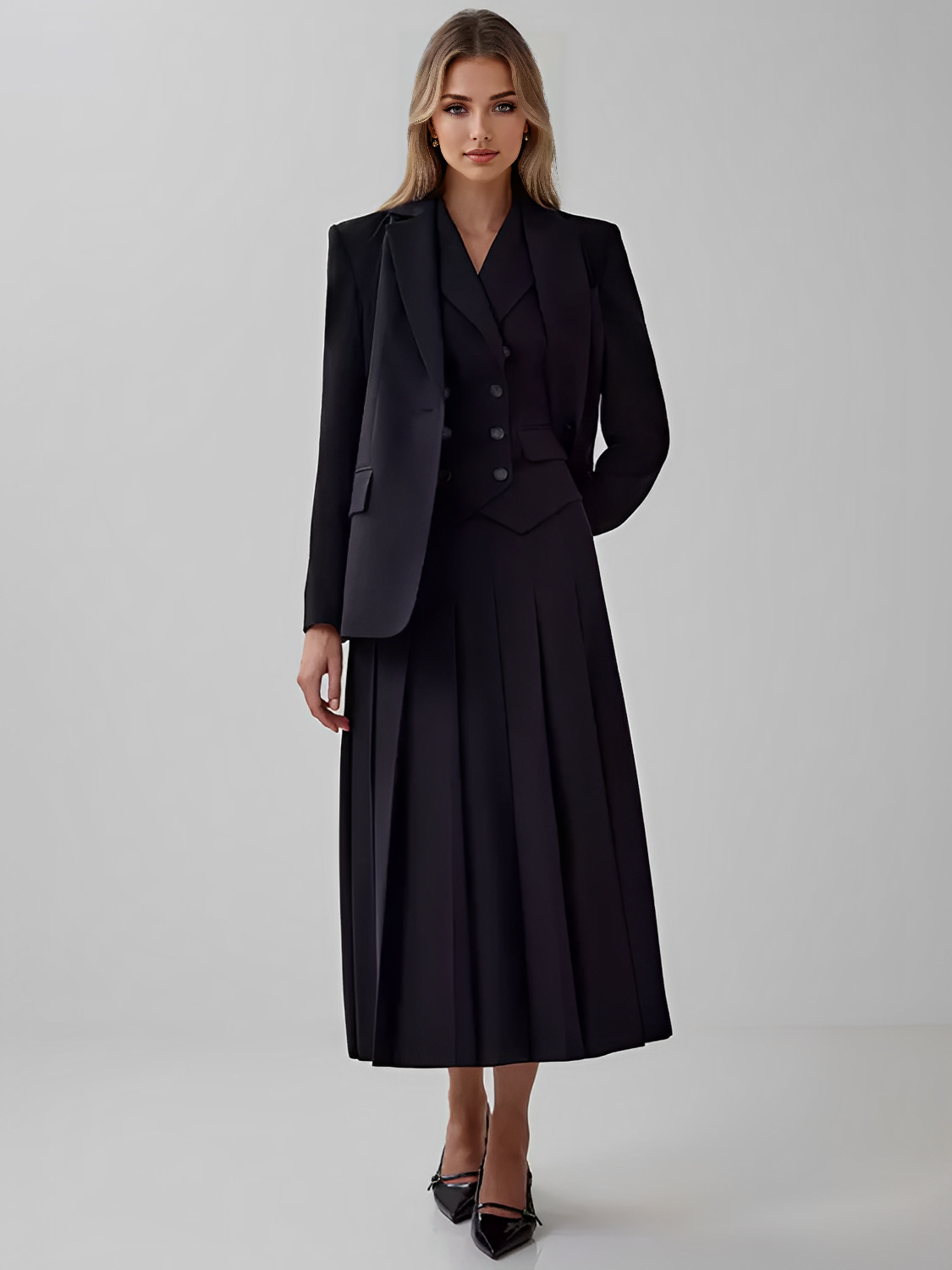 Conjunto Feminino de Alfaiataria com Colete Clássico e Saia Midi Plissada - Lizandra