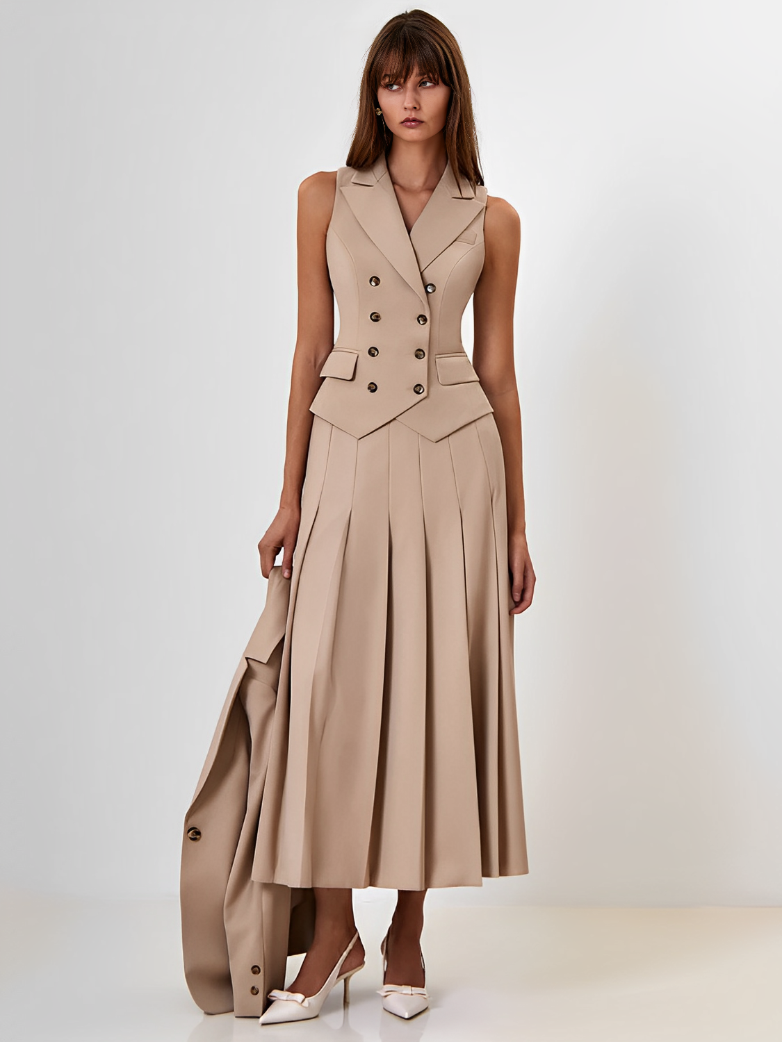 Conjunto Feminino de Alfaiataria com Colete Clássico e Saia Midi Plissada - Lizandra