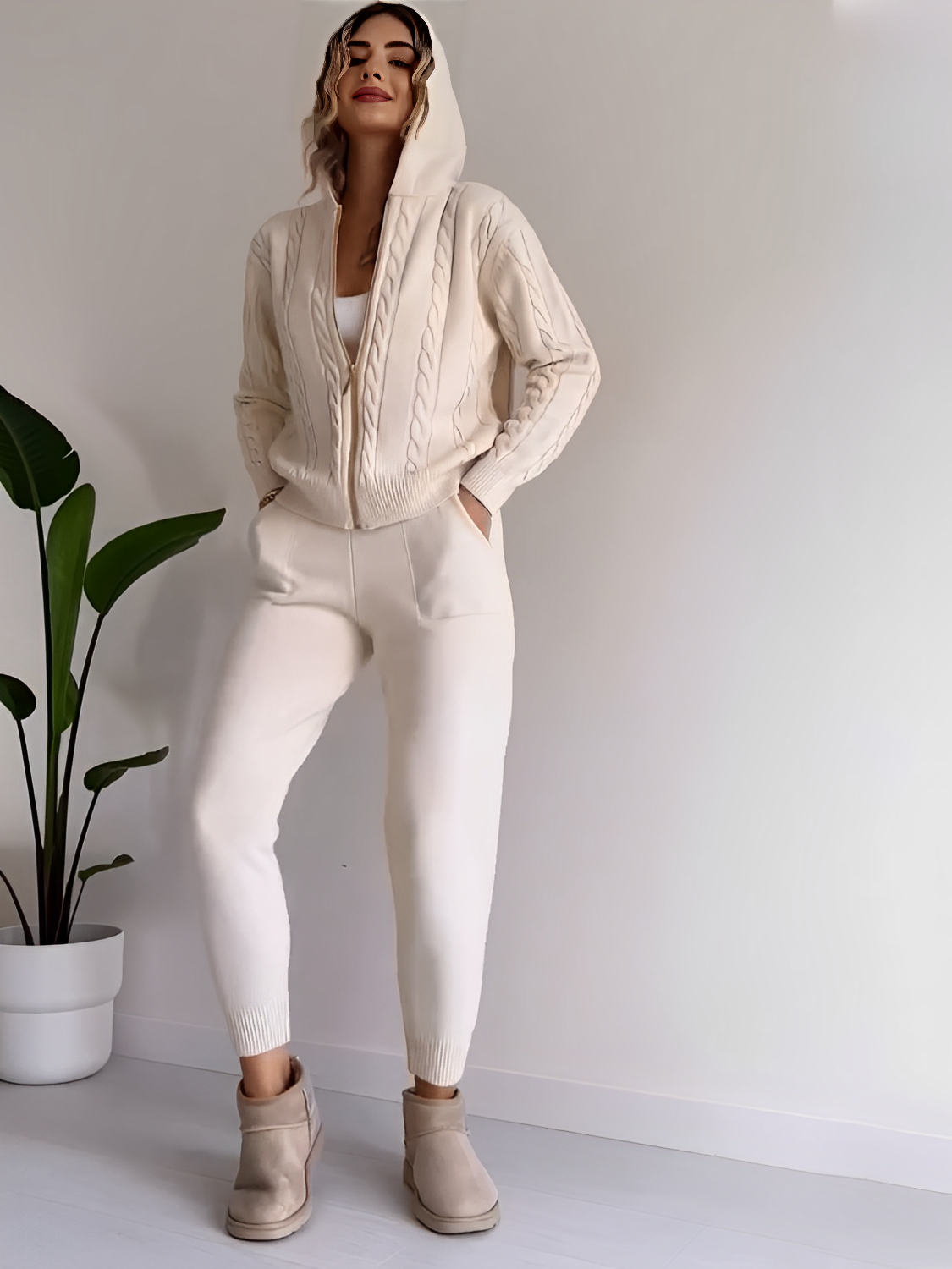 Conjunto Feminino de Tricô com Jaqueta Texturizada com Zíper e Calça Jogger de Cintura Elástica - Ciara