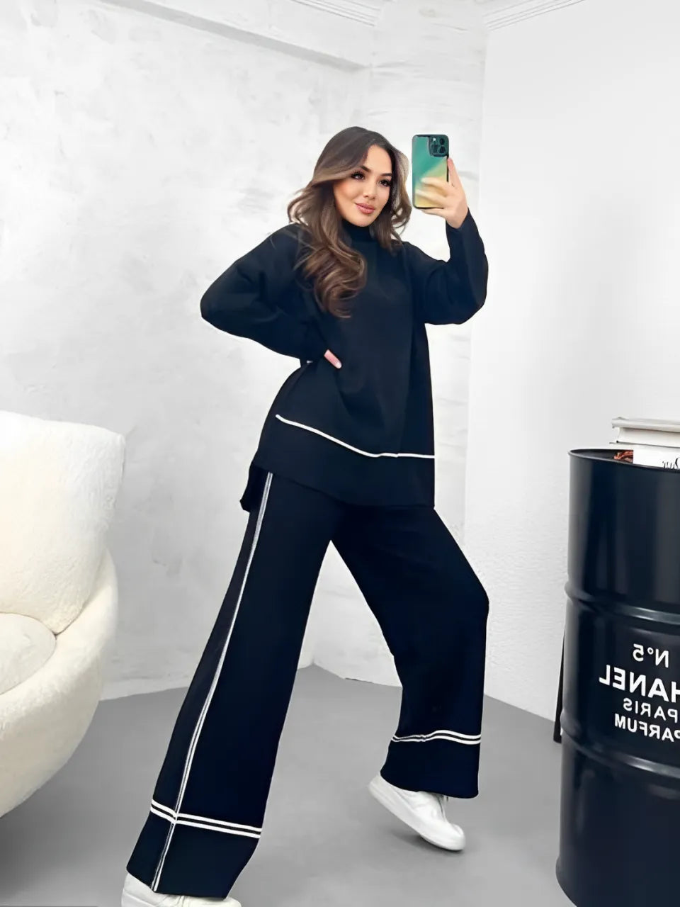 Conjunto Feminino Élise – Tricô com Suéter Mullet Gola Alta e Calça Cintura Alta Confortável