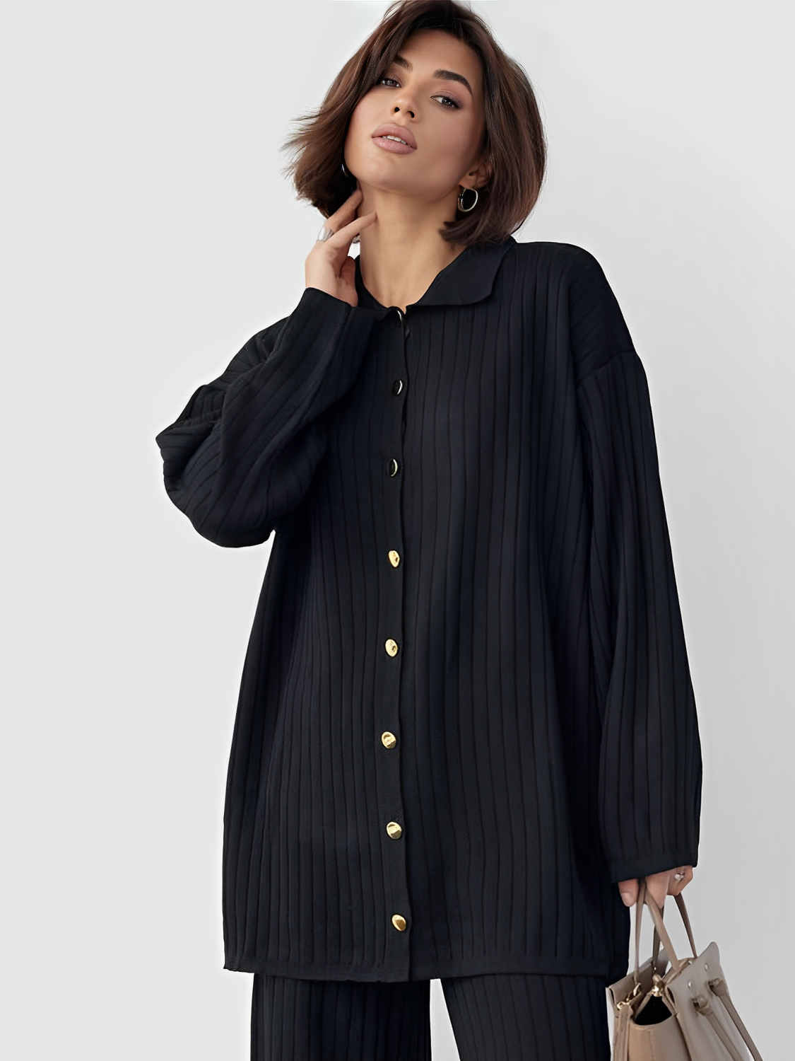 Conjunto Feminino Madeleine – Tricô Canelado com Camisa Alongada e Calça Reta Elegante
