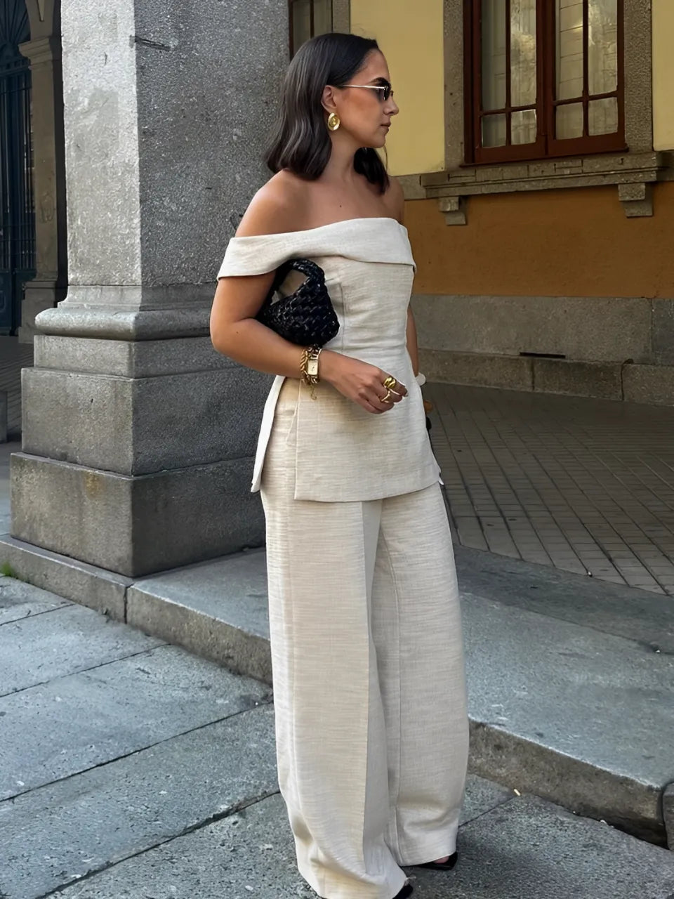 Conjunto Feminino de Linho com Blusa Tomara que Caia e Calça Reta - Heloise