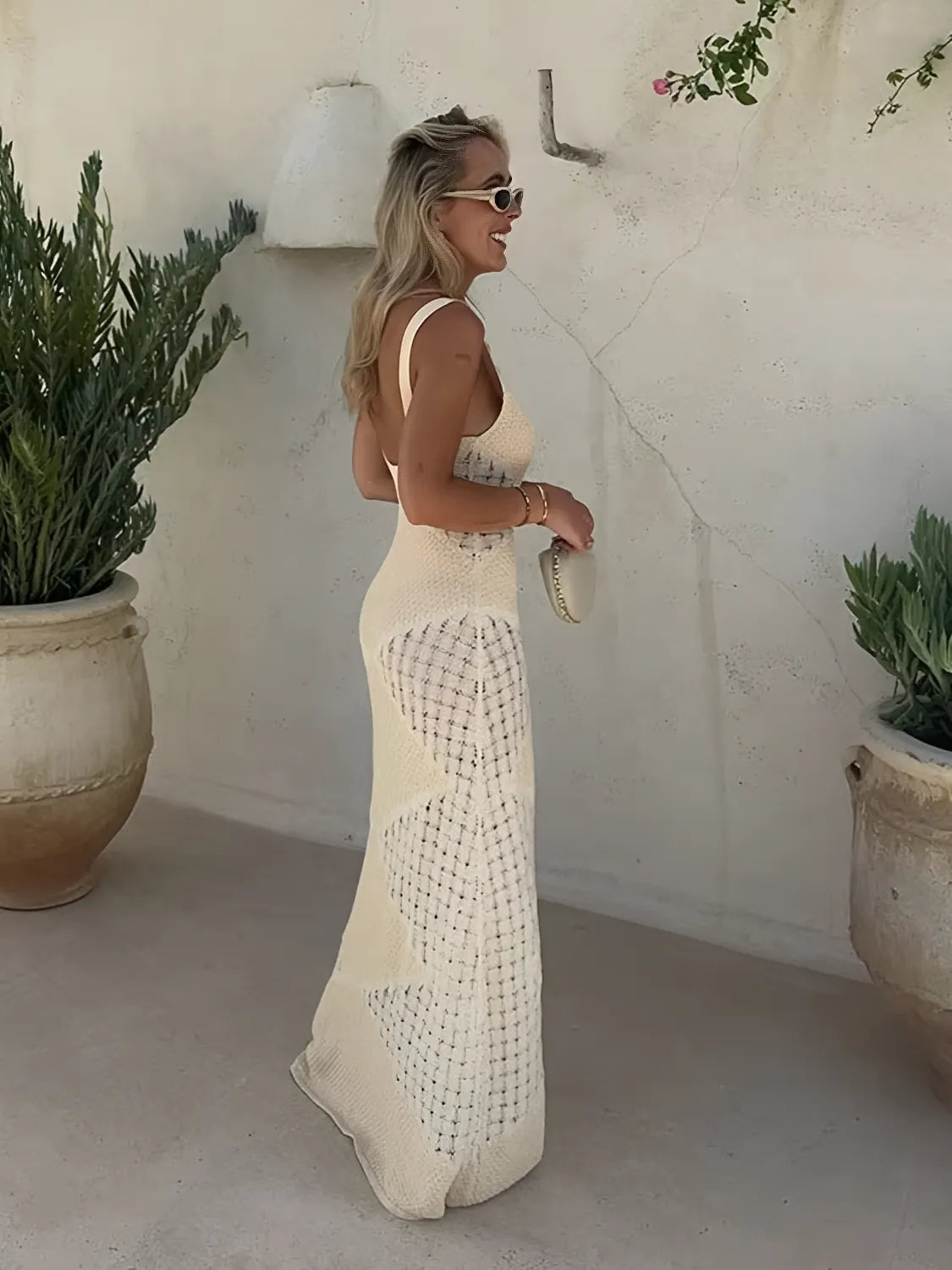 Vestido Feminino Longo Serena – Tricô Vazado com Alças Finas | Moda Verão Elegante