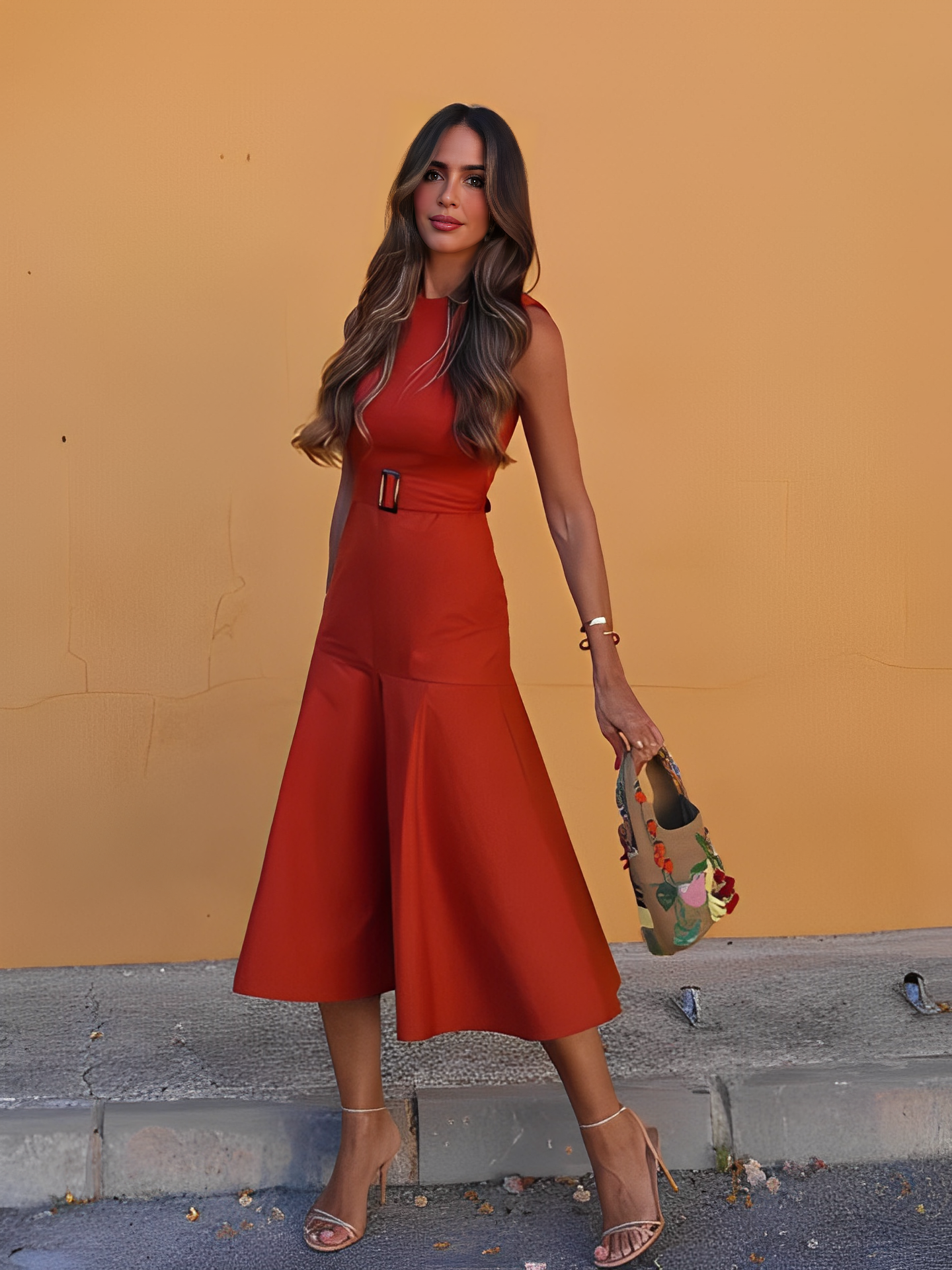 Vestido Feminino Midi Tecido Canelado com Cinto e Modelagem Evasê - Roberta