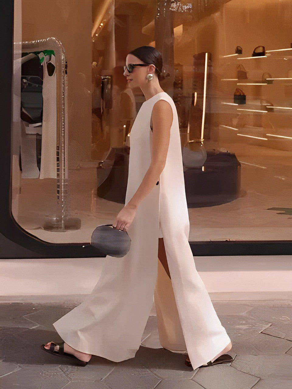 Vestido Feminino Longo com Botões Fenda Lateral e Decote Redondo - Louise