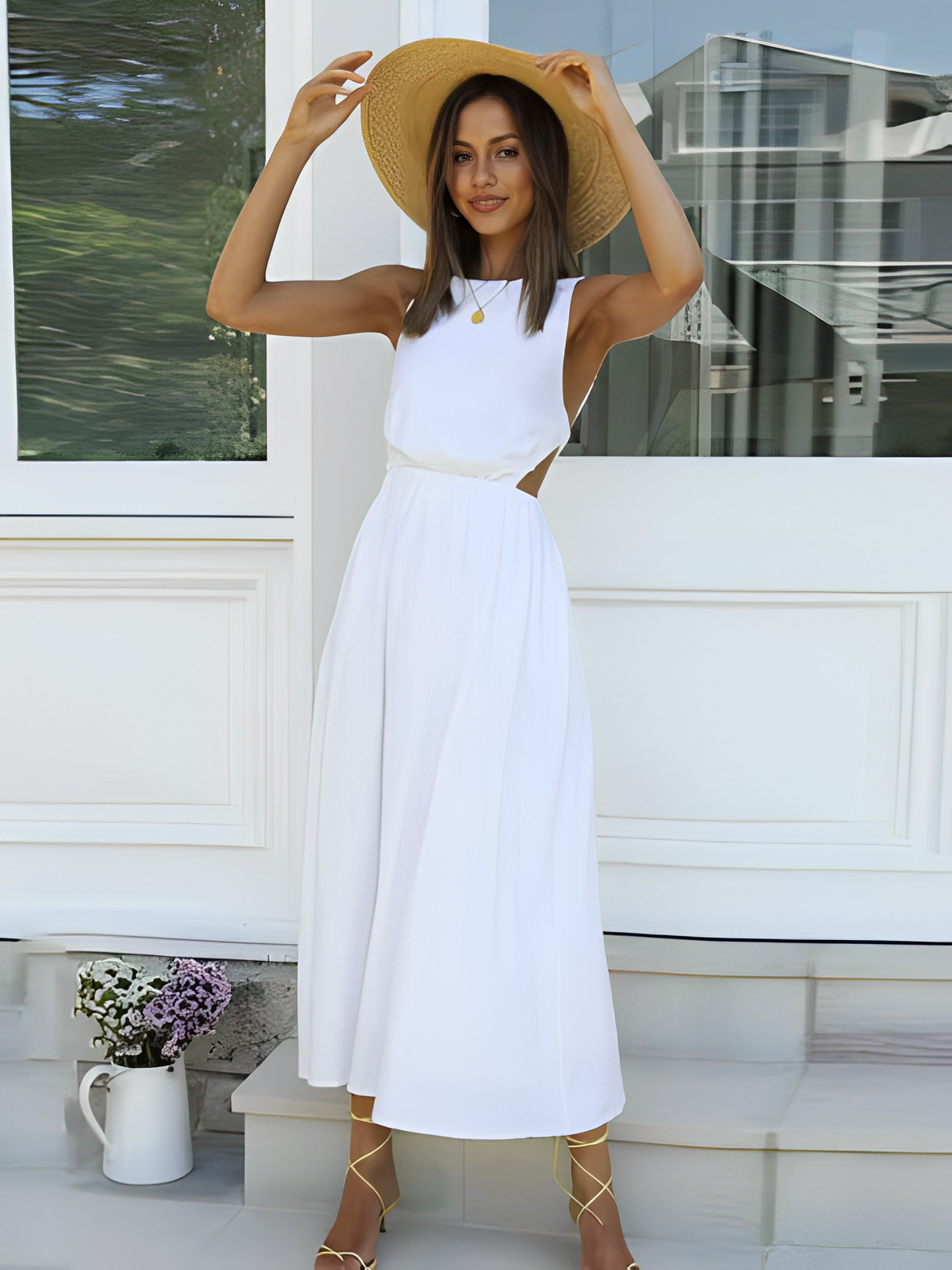 Vestido Feminino Midi sem Mangas com Elástico e Costas Abertas - Vera