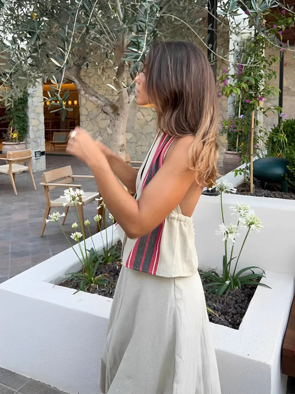 Conjunto Feminino em Linho com Blusa de Amarração Frontal Costas Abertas e Saia Longa Evasê - Isadora