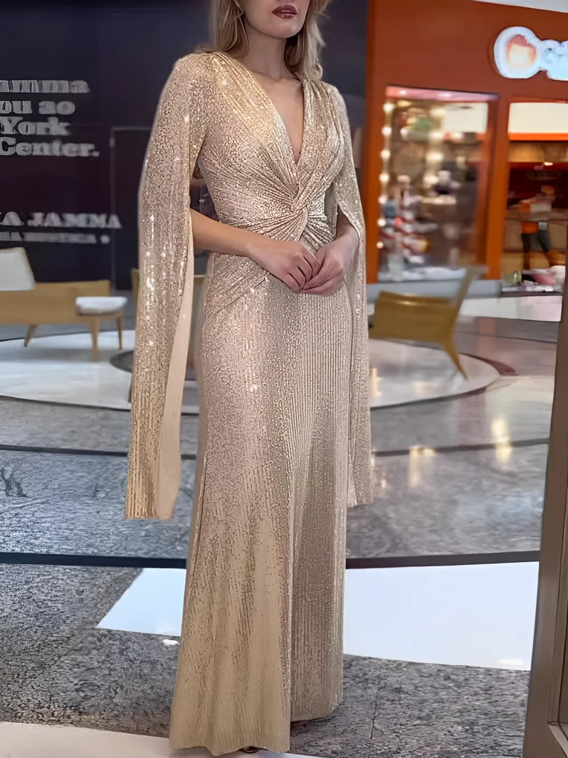Vestido Feminino Longo de Festa Paêtes Decote em V e Nó na Cintura - Dafne