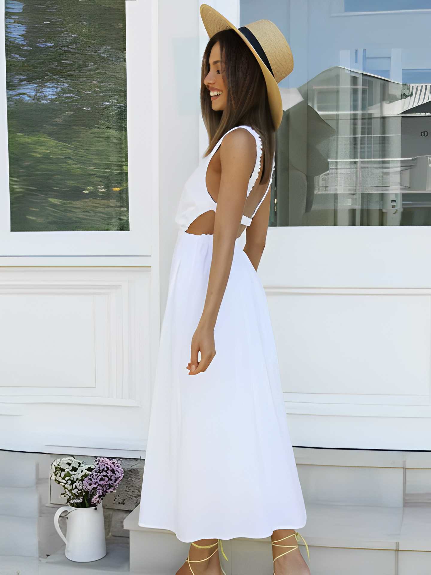 Vestido Feminino Midi sem Mangas com Elástico e Costas Abertas - Vera