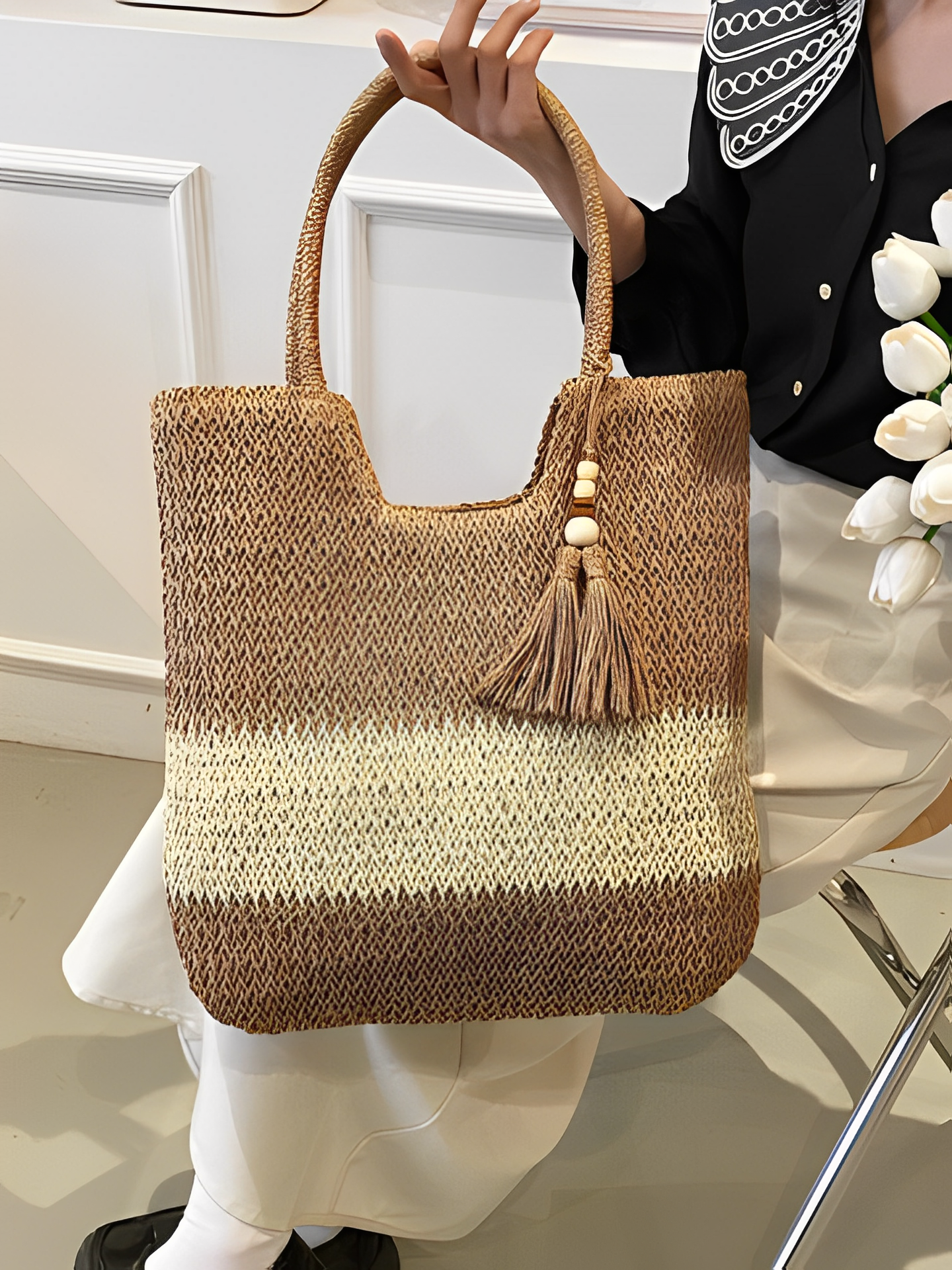 Bolsa Feminina Tote de Palha com Alça de Ombro Trançada para Praia - Manu