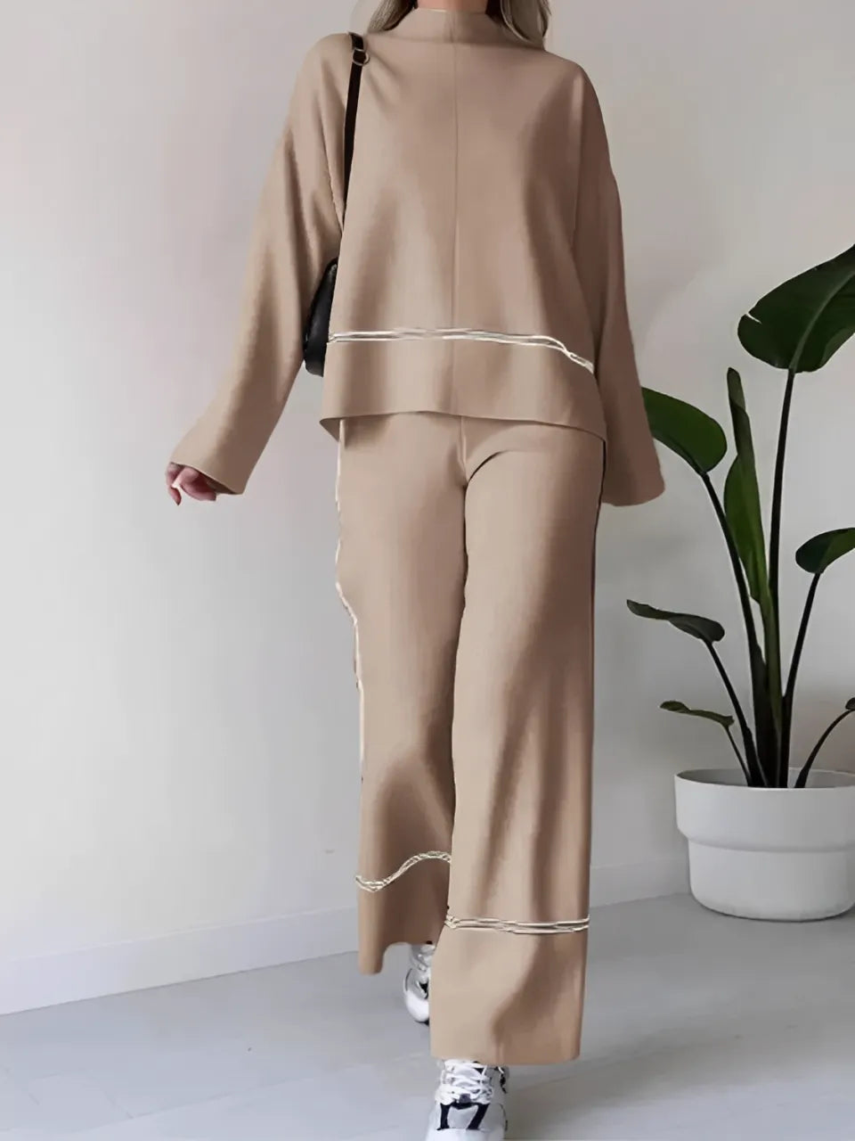 Conjunto Feminino Élise – Tricô com Suéter Mullet Gola Alta e Calça Cintura Alta Confortável