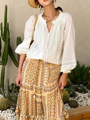 Blusa Feminina Romântica Boho com Gola em V e Mangas Puff - Liz