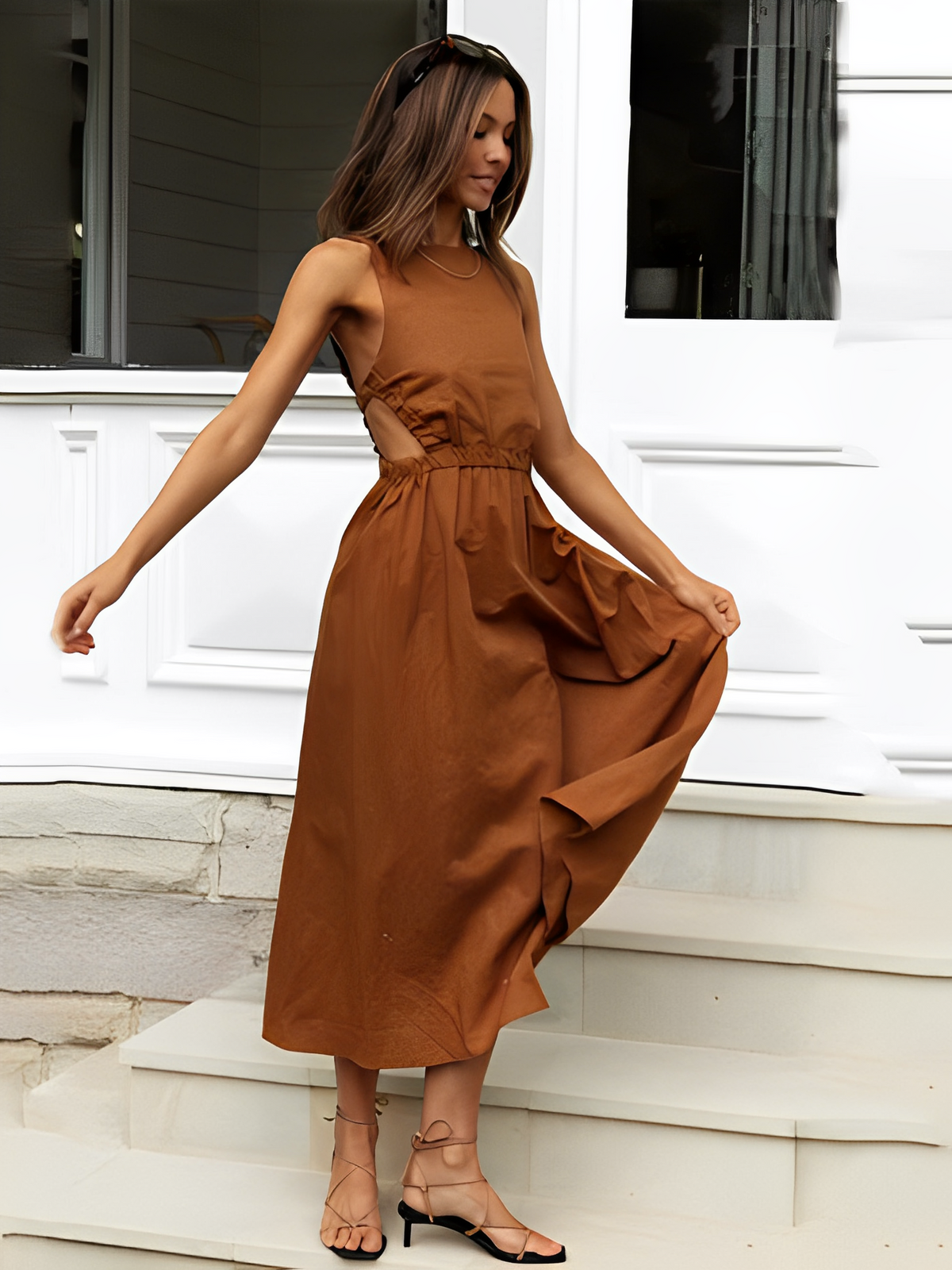 Vestido Feminino Midi sem Mangas com Elástico e Costas Abertas - Vera