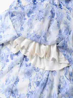 Vestido Feminino Midi Floral Azul em Chiffon com Aplique de Flores e Decote V - Sara