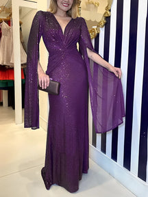 Vestido Feminino Longo de Festa Paêtes Decote em V e Nó na Cintura  - Dafne