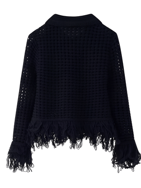 Conjunto Feminino em Tricô com Blusa Manga Longa com Fechamento em Botões e Saia Cintura Alta com Franjas - Monique