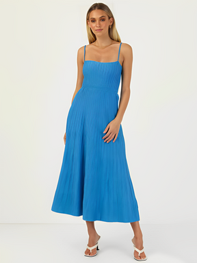 Vestido Feminino Midi Plissado em Tricô com Alças Finas e Cintura Elástica - Nalu