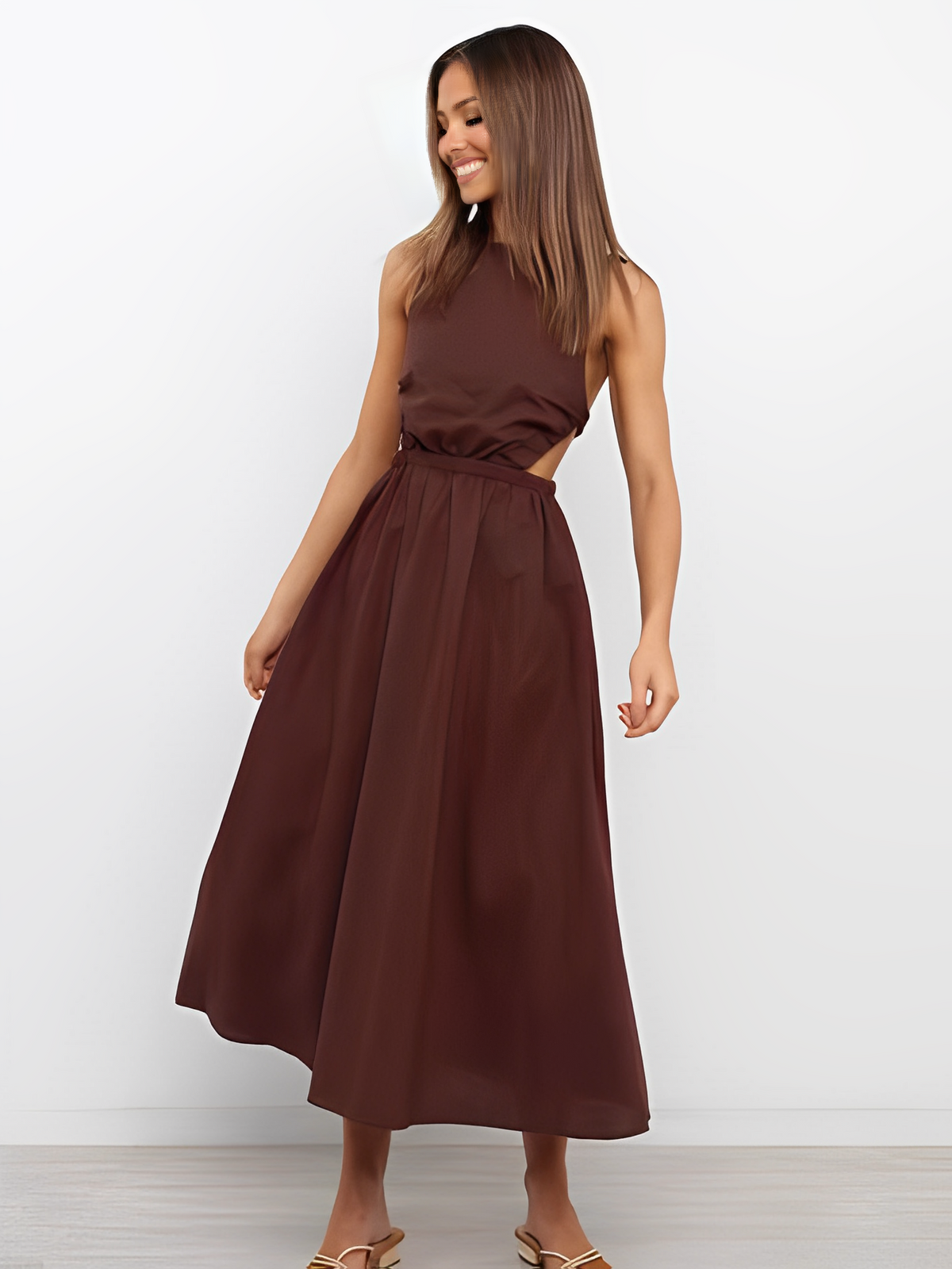 Vestido Feminino Midi sem Mangas com Elástico e Costas Abertas - Vera