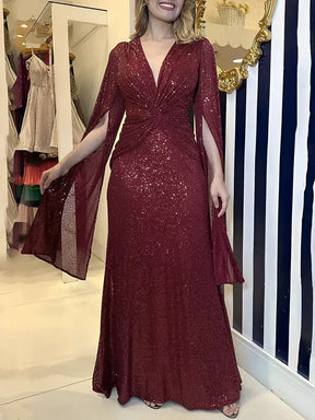 Vestido Feminino Longo de Festa Paêtes Decote em V e Nó na Cintura  - Dafne