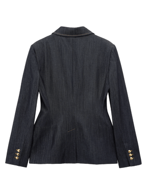 Conjunto Feminino de 3 Peças Jeans com Blazer Acinturado Corset Peplum e Calça Wide Leg Cintura Alta - Kendall