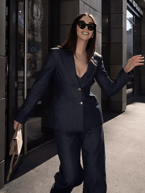 Conjunto Feminino de 3 Peças Jeans com Blazer Acinturado Corset Peplum e Calça Wide Leg Cintura Alta - Kendall
