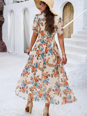 Vestido Feminino Midi Floral Fluido com Decote V e Mangas Curtas - Salma