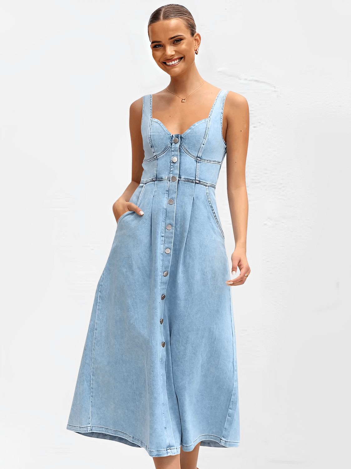 Vestido Feminino Midi Jeans com Decote Coração Botões Frontais e Elástico nas Costas – Pilar