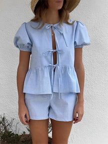 Conjunto Feminino Xadrez com Blusa de Amarração Frontal e Manga Bufante e Short com Cintura Elástica - Cassie