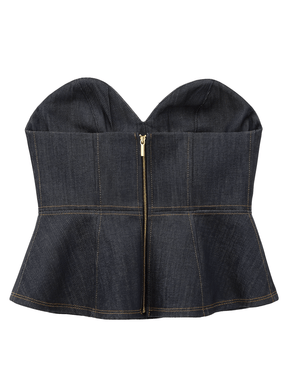 Conjunto Feminino de 3 Peças Jeans com Blazer Acinturado Corset Peplum e Calça Wide Leg Cintura Alta - Kendall