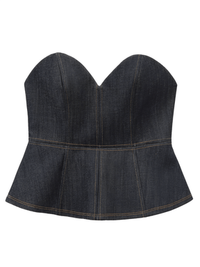 Conjunto Feminino de 3 Peças Jeans com Blazer Acinturado Corset Peplum e Calça Wide Leg Cintura Alta - Kendall