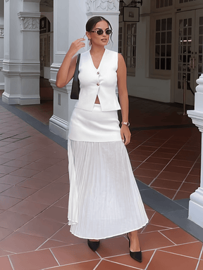 Conjunto Feminino Alfaiataria com Colete de Botões e Saia Longa em Camadas Plissada - Mirella