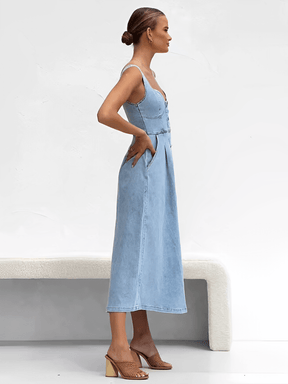Vestido Feminino Midi Jeans com Decote Coração Botões Frontais e Elástico nas Costas – Pilar