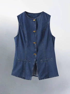 Conjunto Feminino Jeans com Colete de Botões e Short de Cintura Alta - Raiza