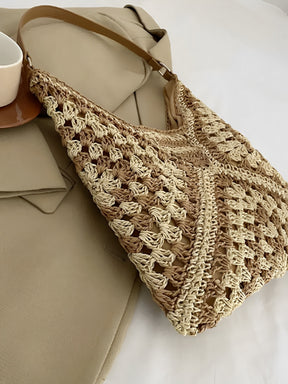 Bolsa Feminina de Ombro em Palha com Fechamento Magnético e Alça em Couro PU - Amanda