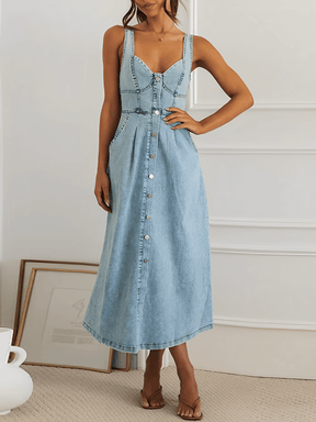 Vestido Feminino Midi Jeans com Decote Coração Botões Frontais e Elástico nas Costas – Pilar