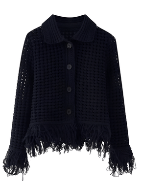 Conjunto Feminino em Tricô com Blusa Manga Longa com Fechamento em Botões e Saia Cintura Alta com Franjas - Monique