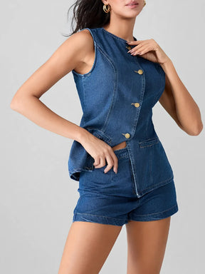 Conjunto Feminino Jeans com Colete de Botões e Short de Cintura Alta - Raiza