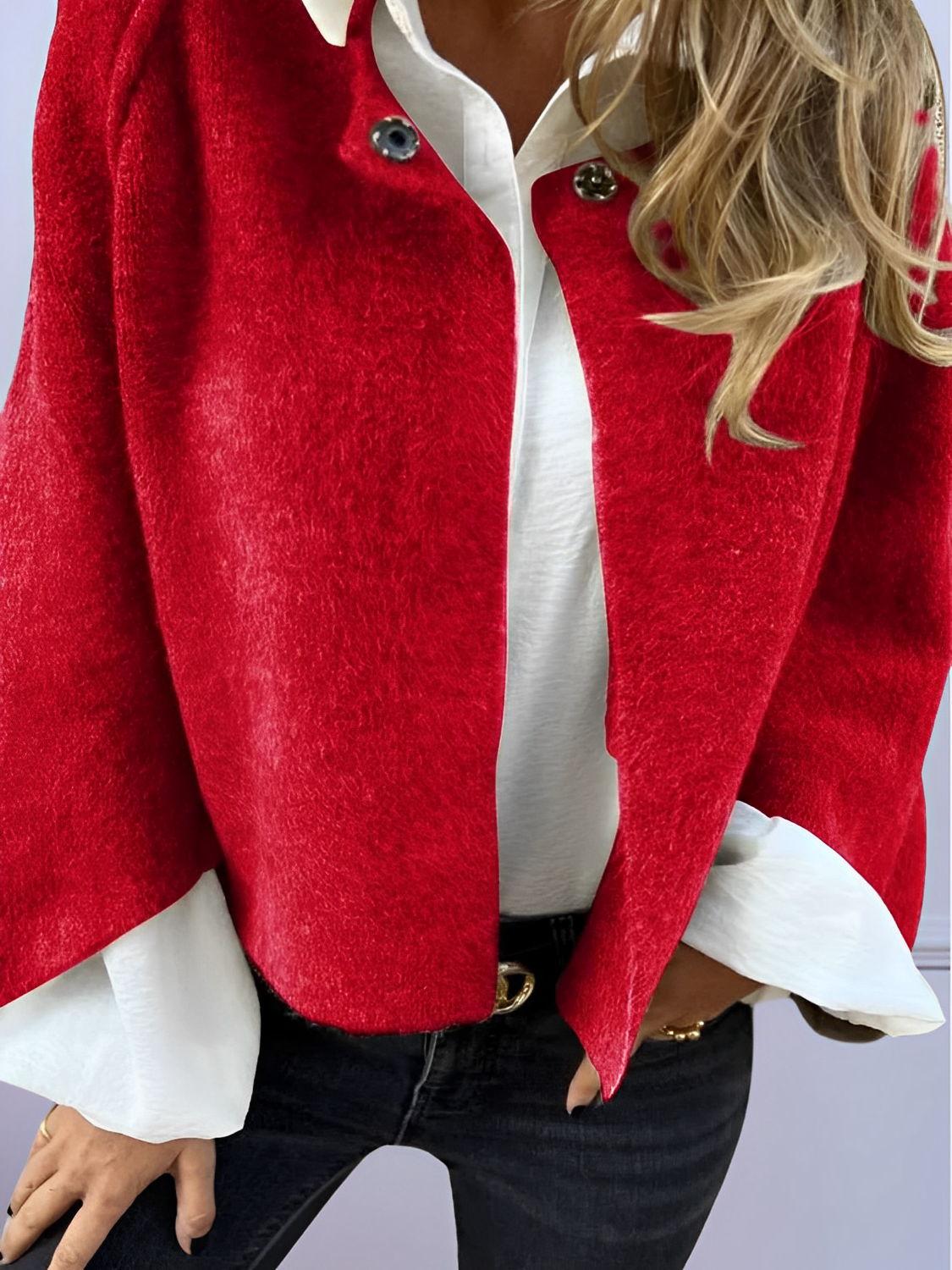 Casaco Feminino Estilo Capa com Textura em Lã Peluciada e Botão de Pressão – Julie