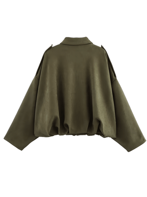 Jaqueta Feminina Bomber Oversized em Camurça com Zíper e Recortes nos Ombros – Ione
