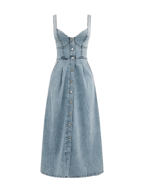 Vestido Feminino Midi Jeans com Decote Coração Botões Frontais e Elástico nas Costas – Pilar