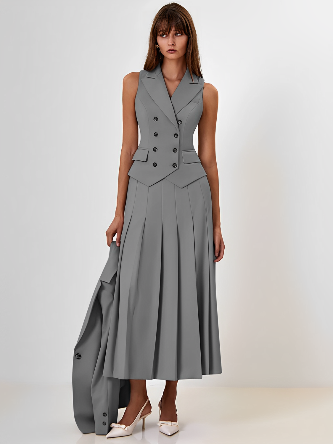 Conjunto Feminino de Alfaiataria com  Colete Clássico e Saia Midi Plissada - Lizandra