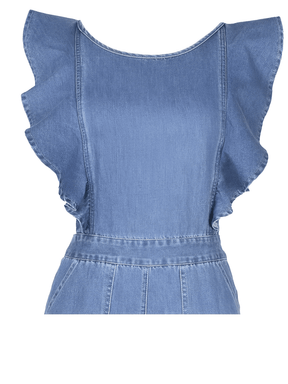 Macacão Feminino Jeans com Babados nos Ombros Amarração e Decote nas Costas - Poliana