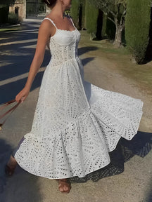 Vestido Feminino Midi de Laise com Babados e Elástico nas Costas - Marina