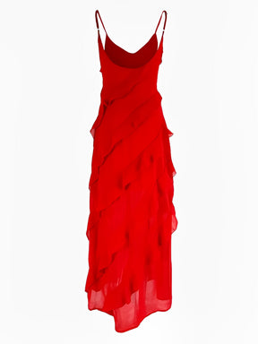 Vestido Feminino Longo de Festa em Chiffon com Babados Alças Finas e Costas Decotadas - Cassandra