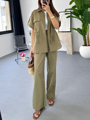 Conjunto Feminino Casual com Camisa de Manga Curta Oversized Ajustável e Calça Wige Leg Cintura Alta - Olga