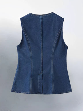 Conjunto Feminino Jeans com Colete de Botões e Short de Cintura Alta - Raiza