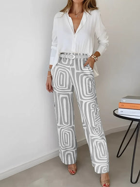 Conjunto Feminino com Camisa de Manga Longa e Calça Reta com Estampa Geométrica - Bianca