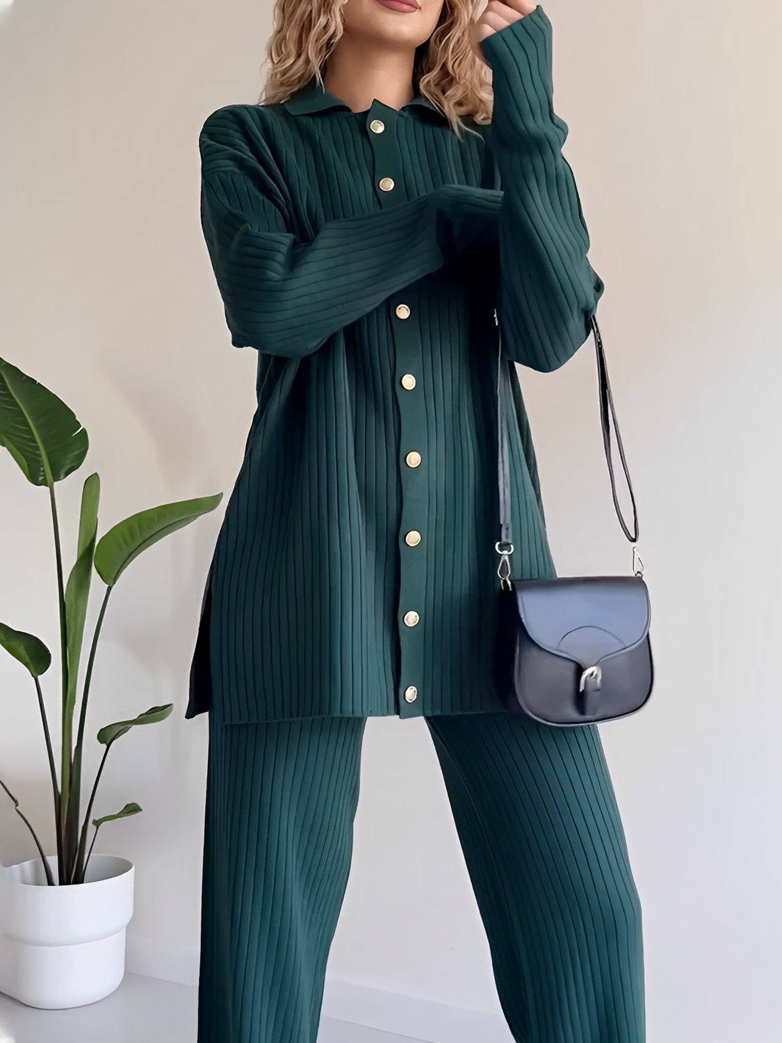 Conjunto Feminino Madeleine – Tricô Canelado com Camisa Alongada e Calça Reta Elegante