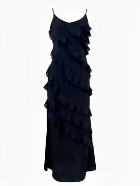 Vestido Feminino Longo de Festa em Chiffon com Babados Alças Finas e Costas Decotadas - Cassandra